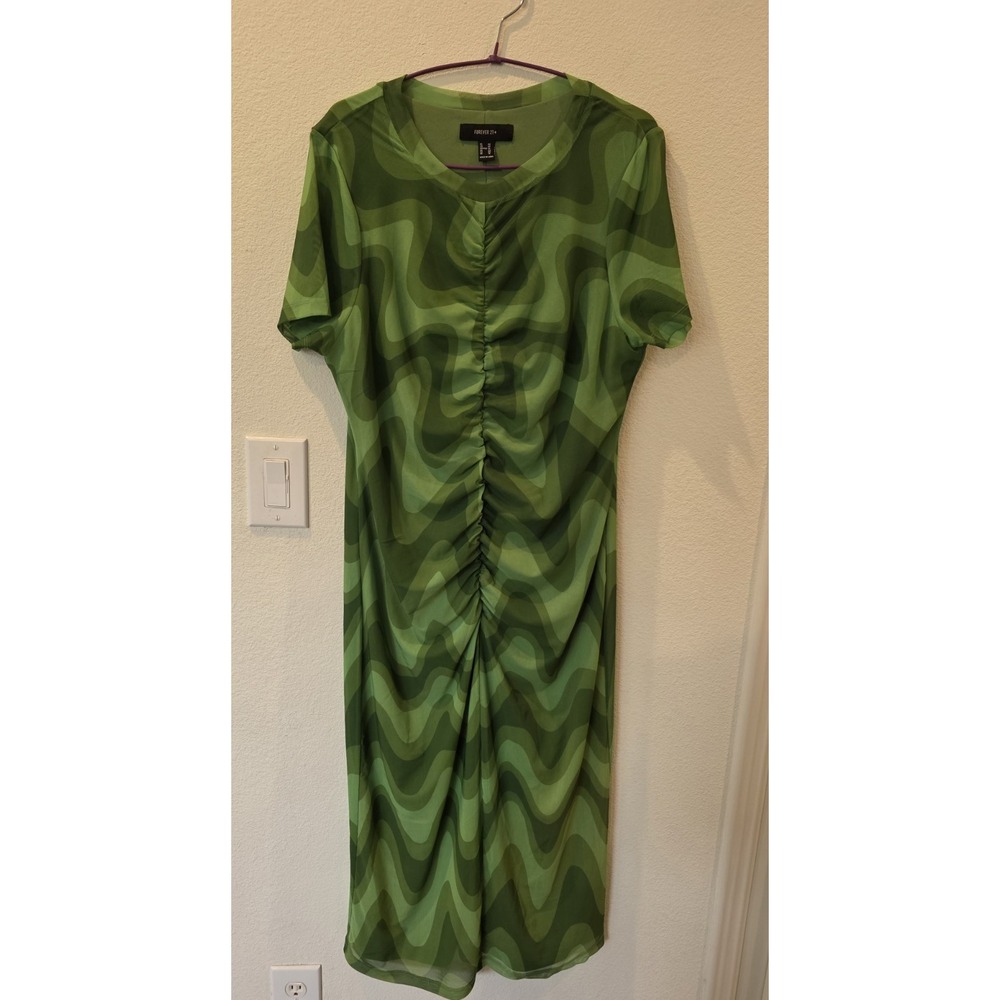 F21 Womens Abstract Wavy Swirl Bodycon Dress Sz XL Green Mesh Lined Indie Sleeze